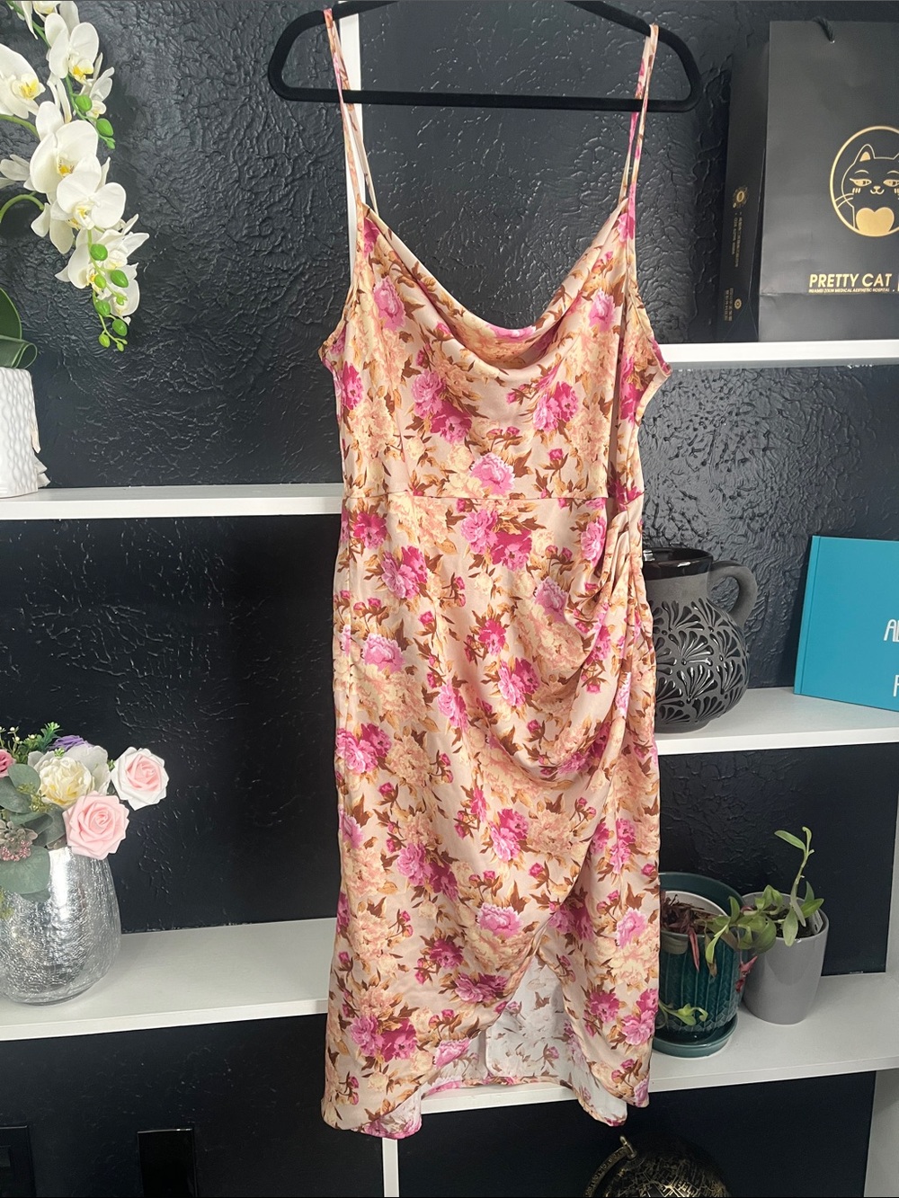 Pink and Cream Floral Slip Midi Dress